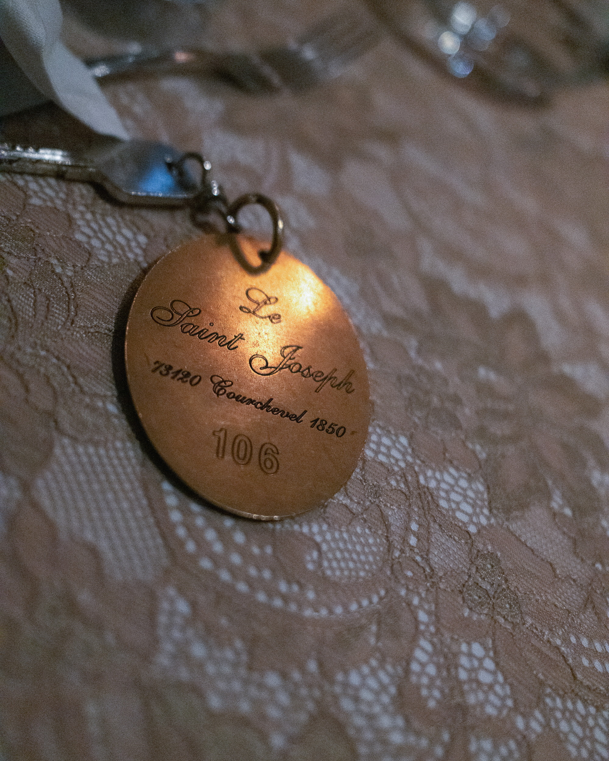 The brass key tag on lace, room 106