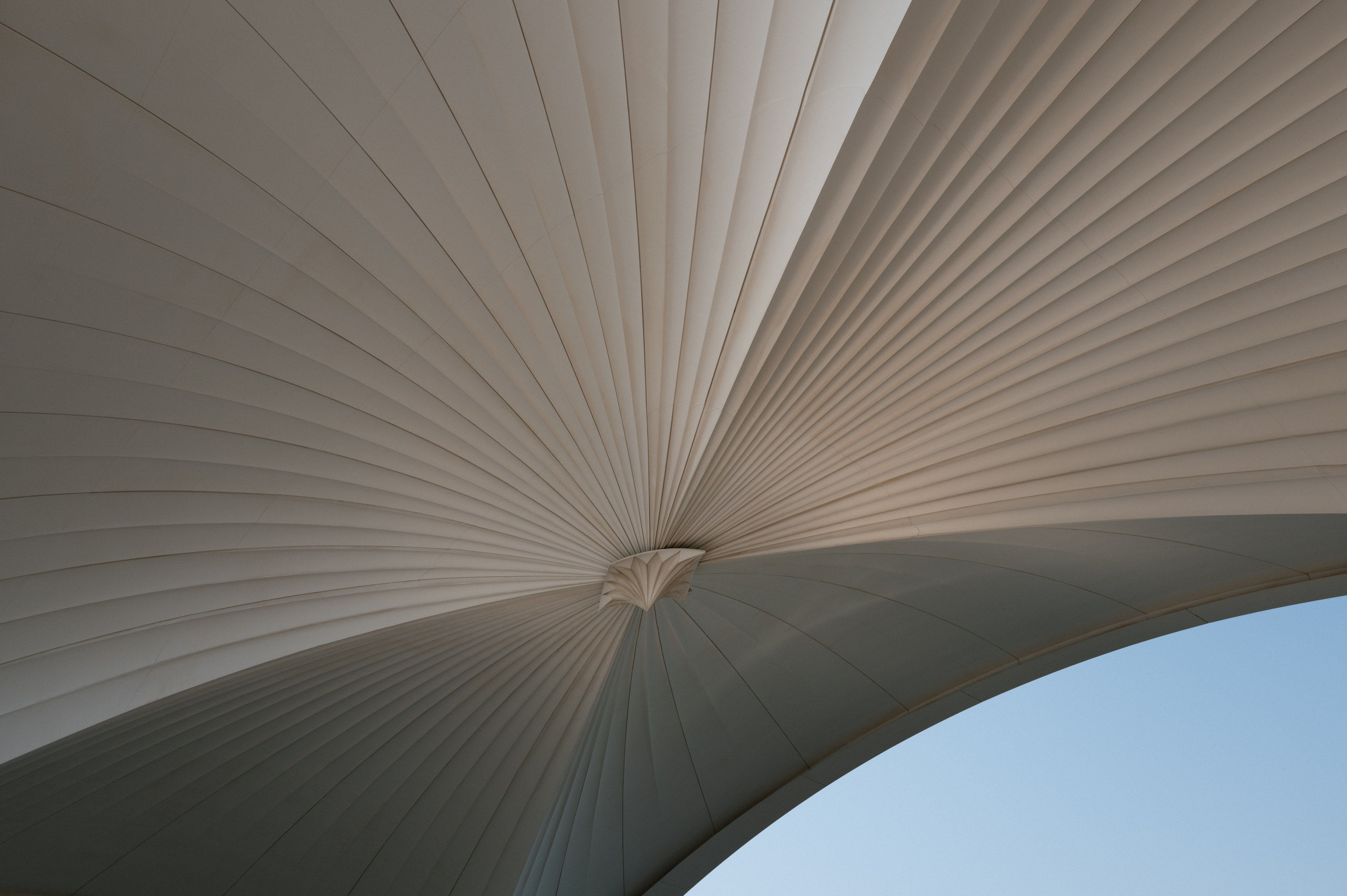 The underside of the sail canopy, pleats running to the boss, a corner of sky